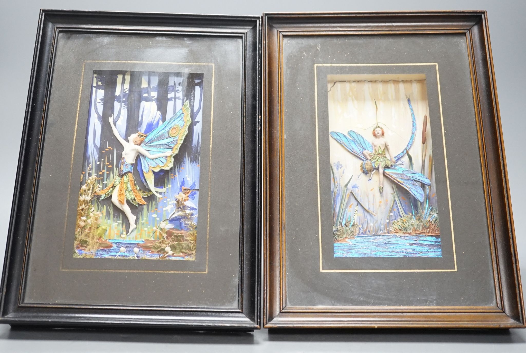 A pair of morpho butterfly wing nymph diorama, signed Gaydon King, Pat. App. For 19907/29, c.1930, 10.5 cms wide x 17.5 cms high. (not including mount or frame).